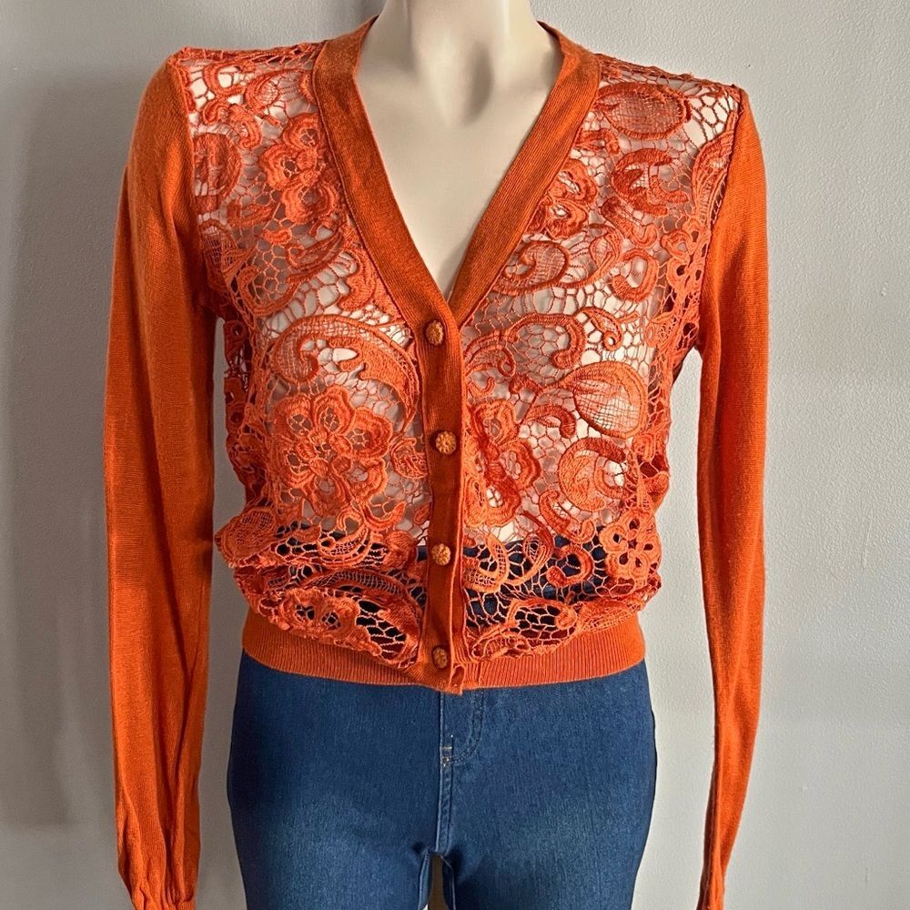 A’Reve Orange Lace Cardigan Sweater Floral Crochet Knit Romantic Boho Layering
